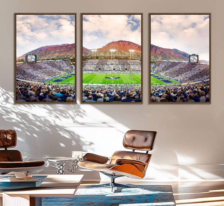 A museum-quality canvas featuring BYU Cougars Football at LaVell Edwards Stadium with a stunning mountain view.