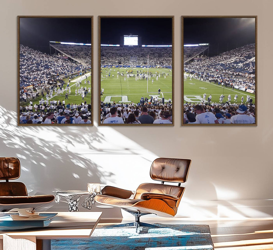 The wall art is a premium canvas of LaVell Edwards Stadium, offering a gallery-quality finish that showcases BYU Cougars pride.