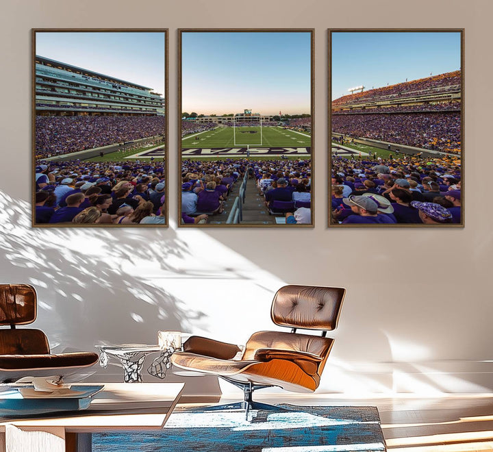 Sunset view of fans in purple at Bill Snyder Family Stadium, captured in a stunning gallery wall art canvas, perfect for a modern living room or office.