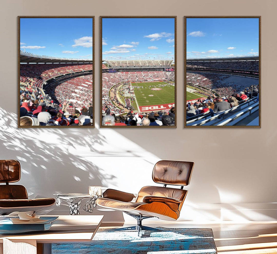 Canvas print of Alabama Crimson Tides Bryant-Denny Stadium, showcasing a sunlit field under a blue sky.