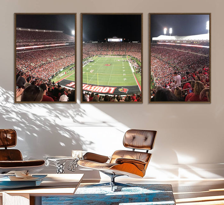 Panoramic view of a crowded football stadium with Louisville in the end zone, crafted as University of Louisville wall art.