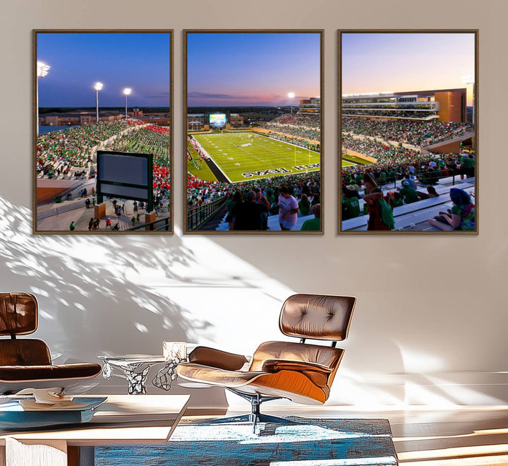 Aerial view of University of North Texas DATCU Stadium at sunset on canvas, showcasing a colorful sky.