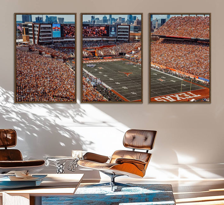 A premium canvas wall art featuring the University of Texas Longhorns stadium, showcasing a vibrant sea of orange.