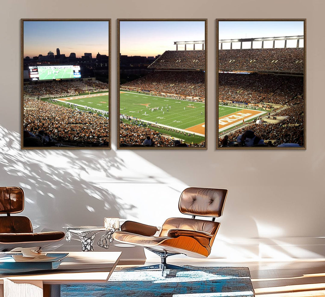 The Evening Game canvas art captures a glowing sunset and skyline at Texas Longhorns Darrell K Royal Stadium.