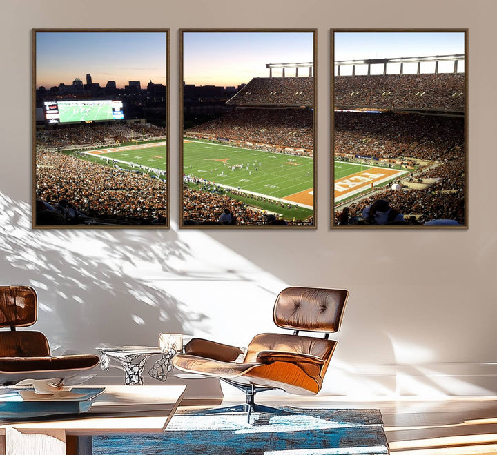 The Evening Game canvas art captures a glowing sunset and skyline at Texas Longhorns Darrell K Royal Stadium.
