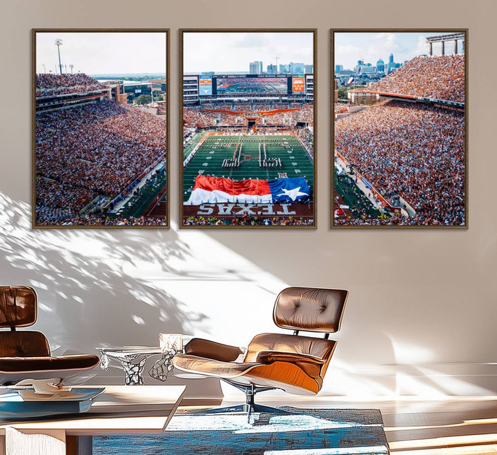 University of Texas Longhorns canvas: A premium print depicting Darrell K Royal-Texas Memorial Stadium with the city skyline and Texas flag.