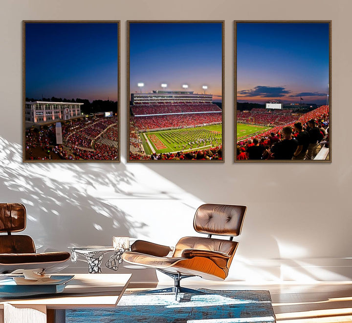 The Wolfpack Football Team Print captures a band and crowd at dusk in a premium canvas art style at Raleigh Carter-Finley Stadium.