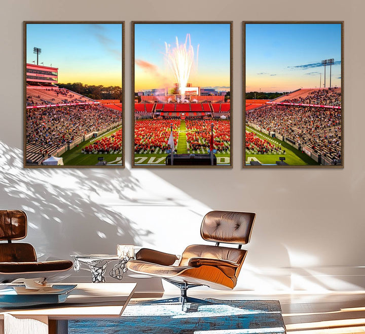 A vibrant North Carolina State University Wolfpack print, capturing a people-filled stadium, fireworks, and a sunset—perfect for your living room wall.