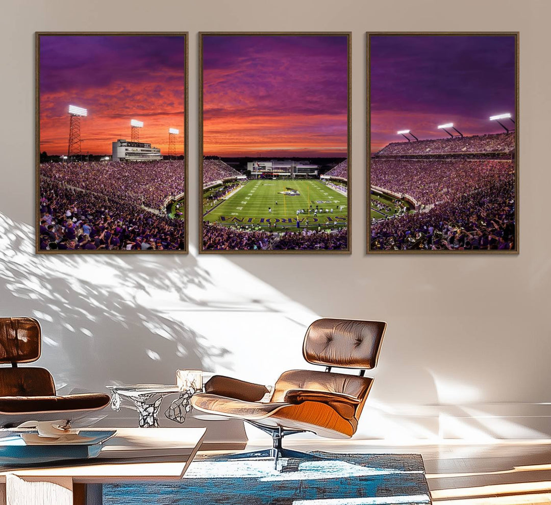 A sunset over Dowdy-Ficklen Stadium, Greenville, captured on museum quality canvas with vibrant purple and orange skies.