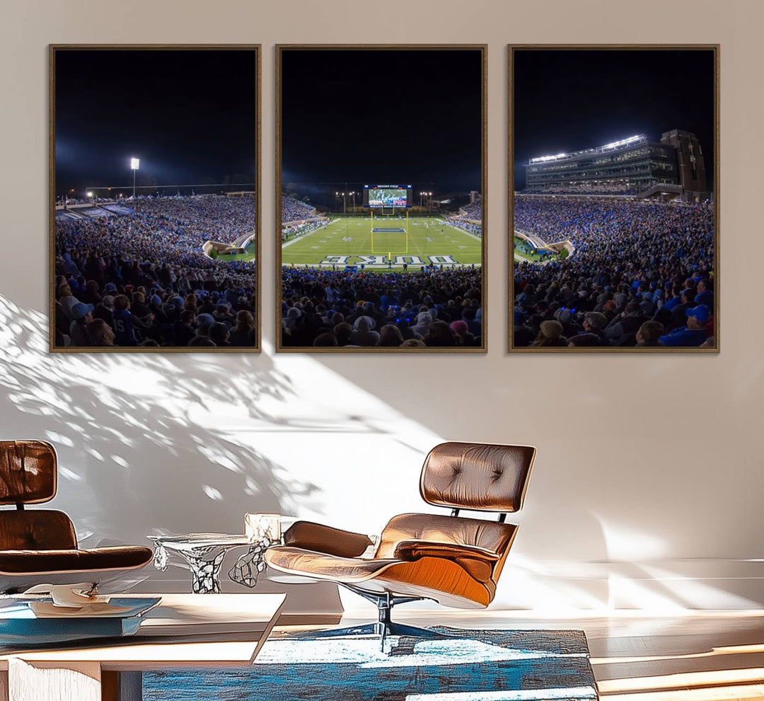 Under bright lights at night, the Duke Blue Devils Football Team Durham canvas wall art print is prominently displayed.