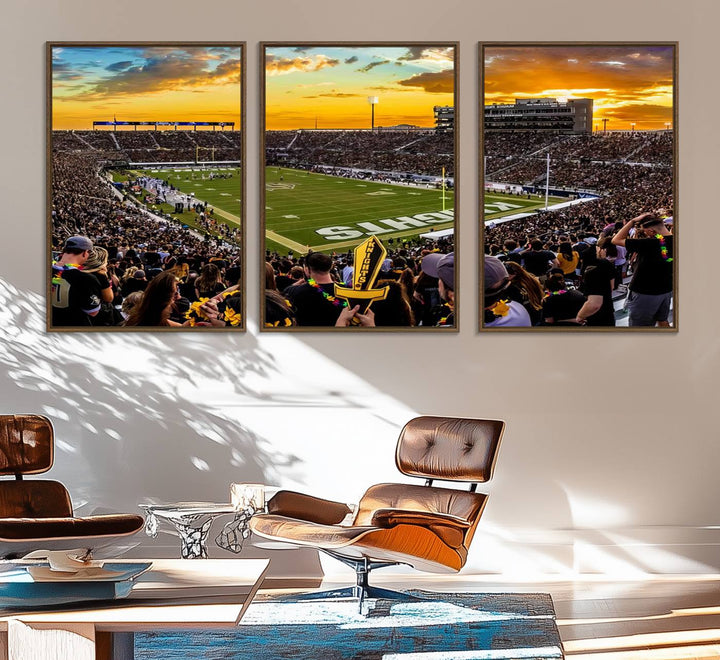 A sunset football game at UCFs Stadium—ideal as a premium wall art canvas print for your home.