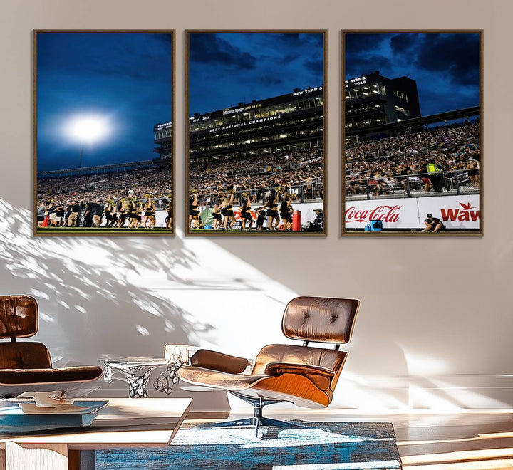 A gallery-quality canvas print depicting a stadium packed with fans under a night sky, highlighting the UCF Knights Football Team.