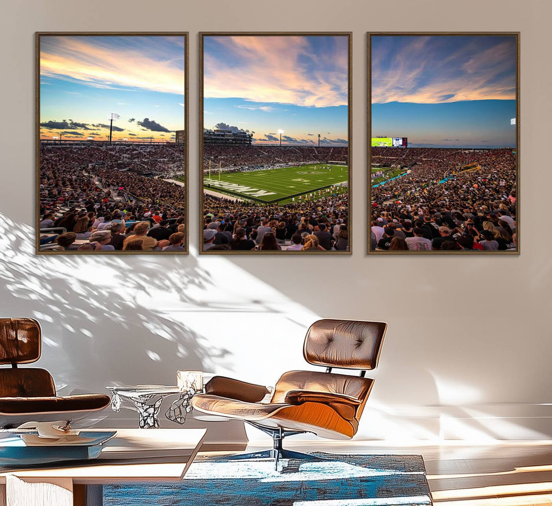 A vibrant wall art canvas captures a sunset scene at Orlandos FBC Mortgage Stadium, featuring the UCF Knights.