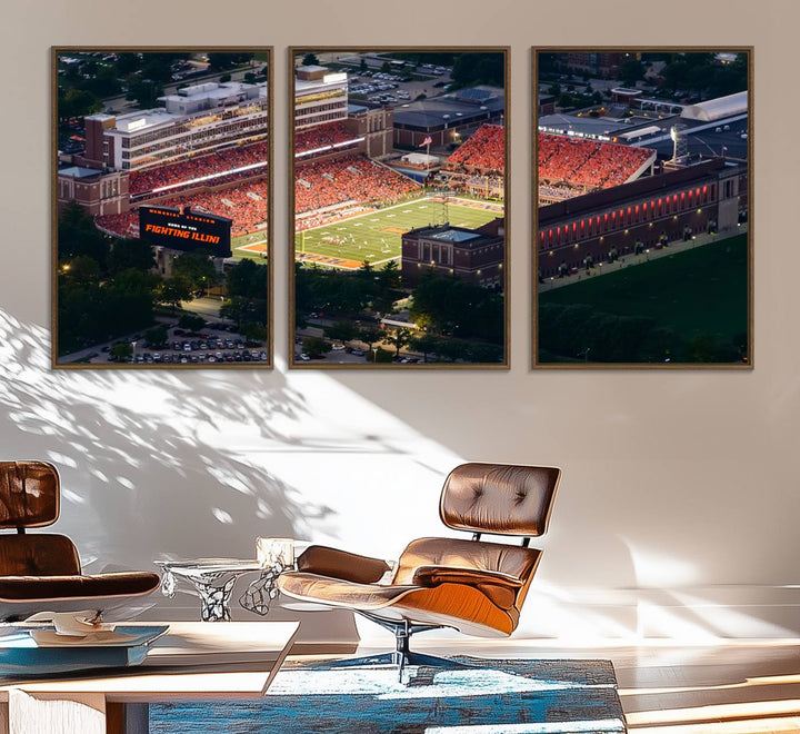 Aerial view of the University of Illinois Memorial Stadium on premium canvas, capturing buildings and greenery at dusk.