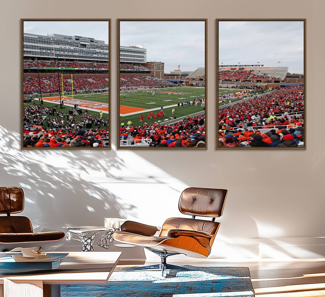 A University of Illinois Fighting Illini wall art canvas hangs on the wall, depicting a packed stadium.