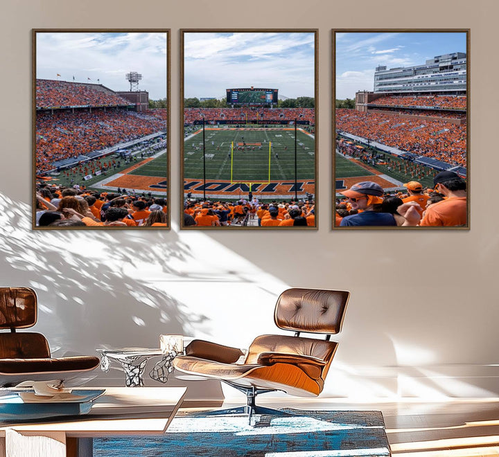 The Illinois stadium packed with orange-clad fans makes for a premium University of Illinois canvas wall art.