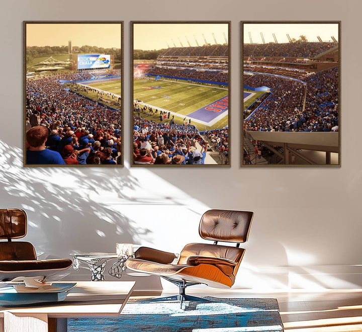 A premium University of Kansas Jayhawks Football Team canvas print captures the essence of a sunset football game, filling the stadium with vibrant energy.