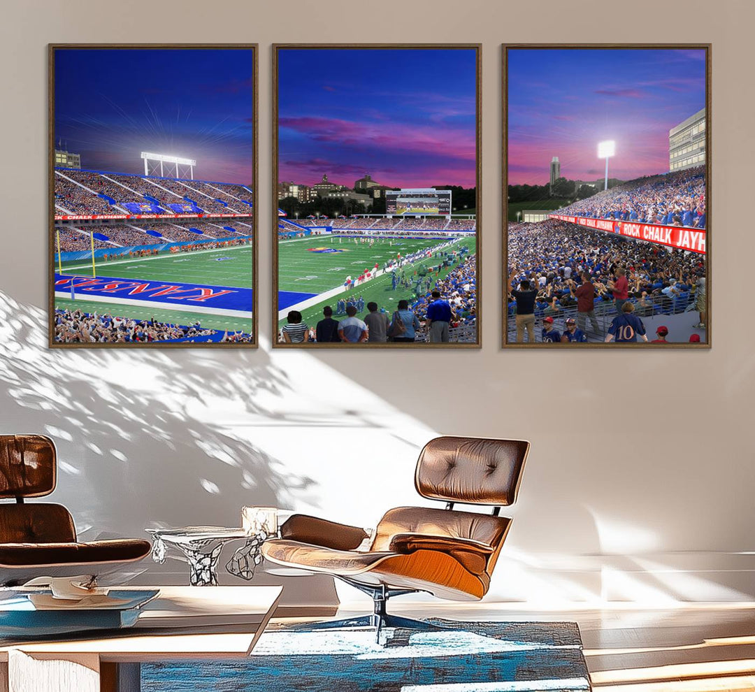 A canvas art piece depicting the Kansas Jayhawks stadium at twilight, vibrant in a modern setting.