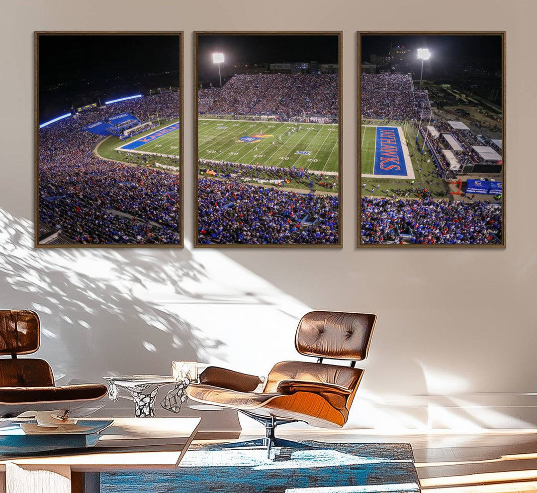 A canvas depicting an aerial view of the University of Kansas Memorial Stadium, showcasing bright lights and a lush green field at night.