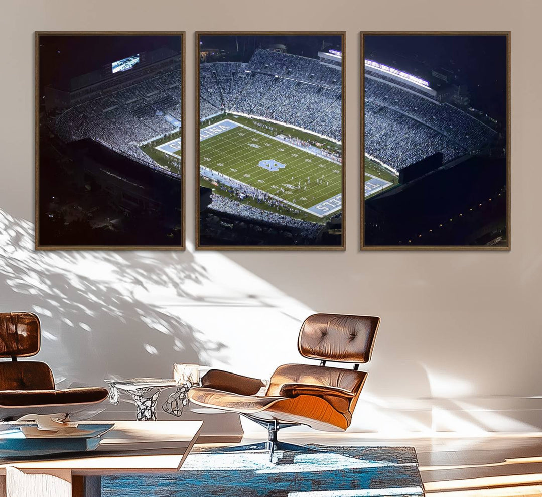 Aerial view of UNC Tar Heels night game at Kenan Memorial Stadium, perfect wall art canvas for fans.