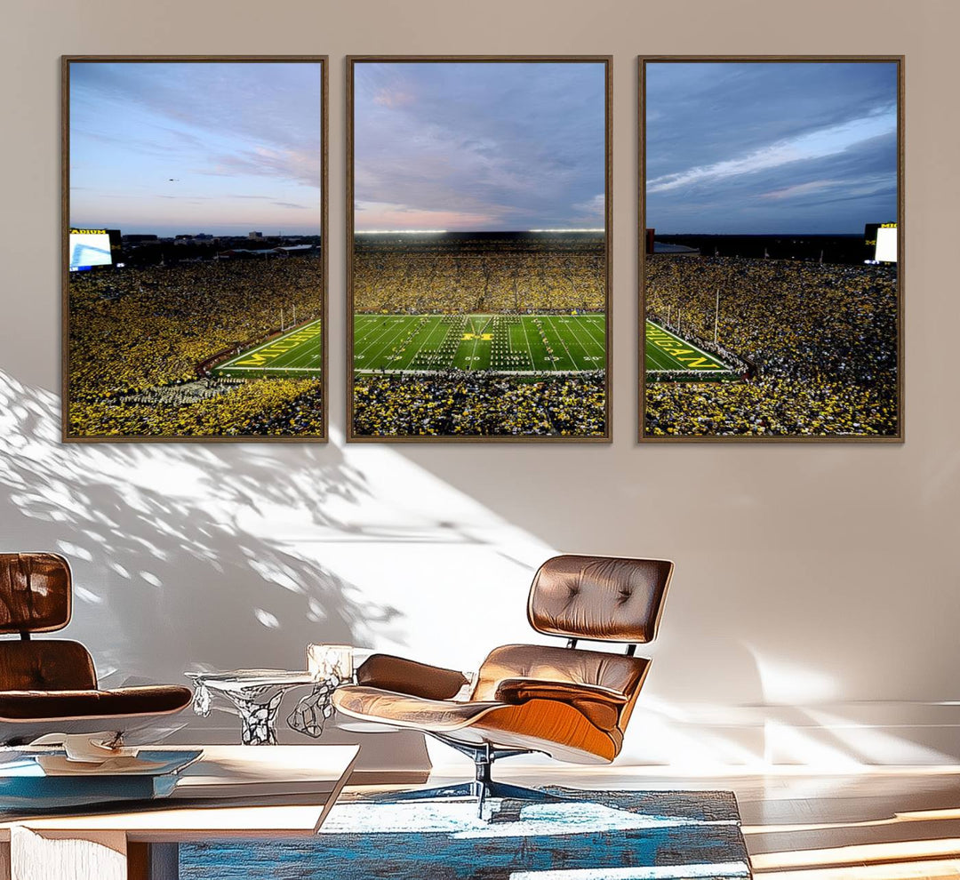 Gallery-quality canvas print of Michigan Stadium at sunset.