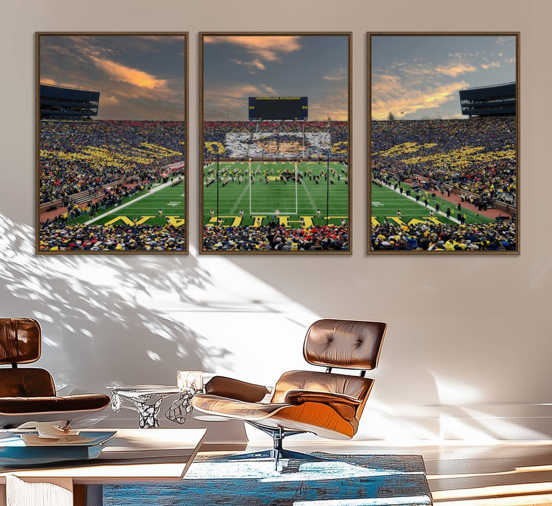 A giant image resembling Michigan Wolverines Wall Art depicts a football field beneath a dramatic sky.