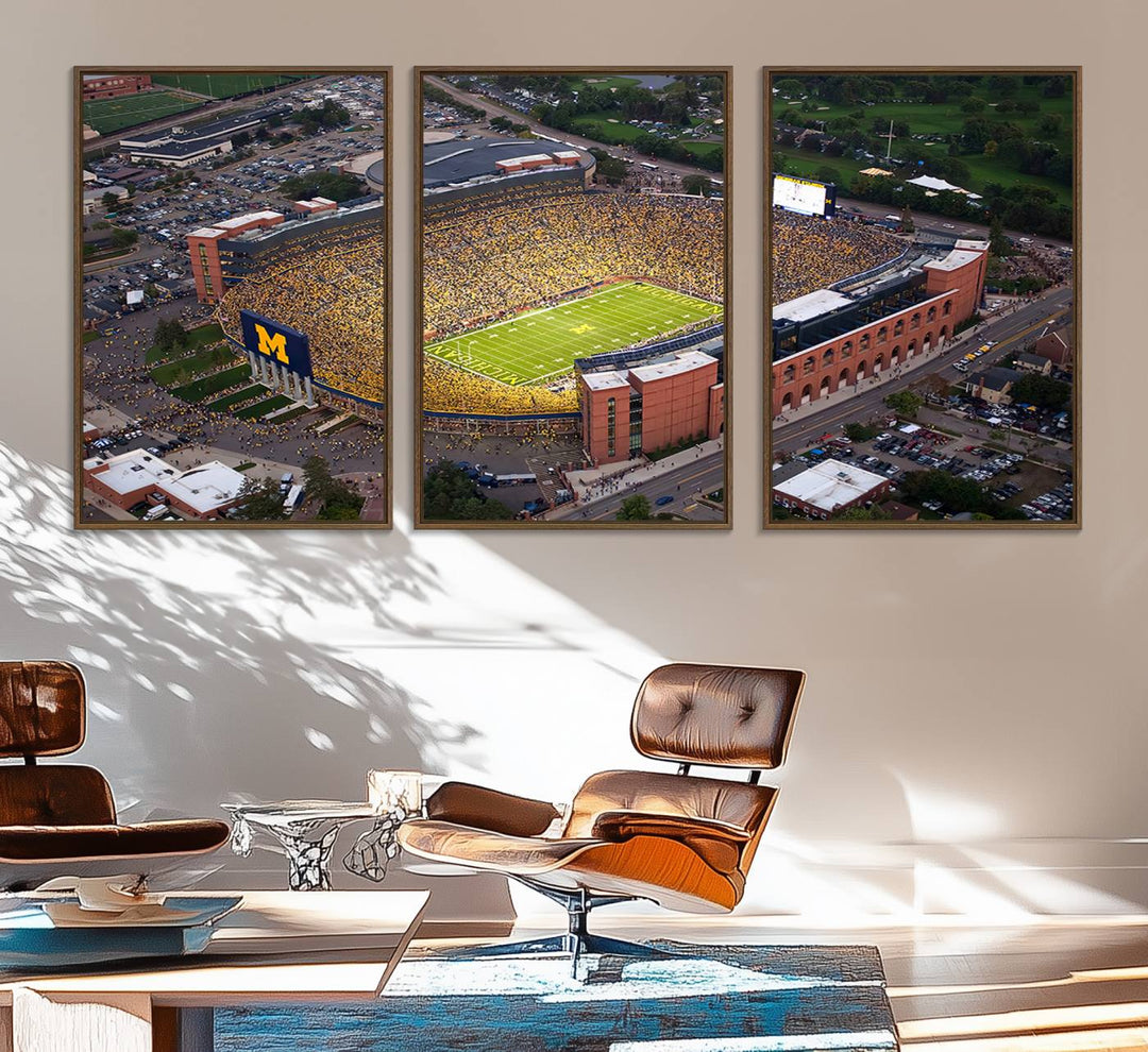 Canvas print featuring an aerial view of Ann Arbor Michigan Stadium filled with Wolverines fans.