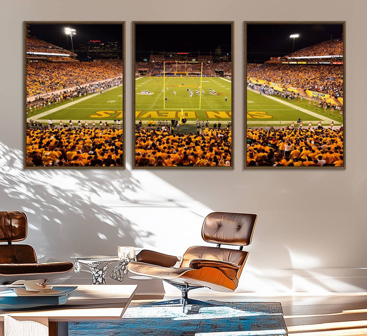 The Phoenix Stadium Canvas Wall Art features a vibrant depiction of a packed stadium filled with ASU Sun Devils fans wearing yellow shirts.