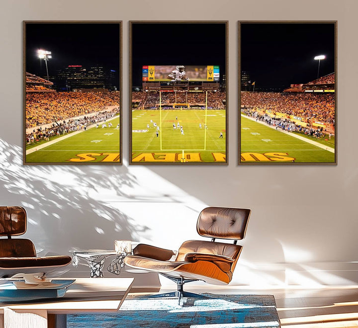 ASU Sun Devils Football Team Print - Wall Art Canvas featuring the Sun Devils end zone at Phoenix Mountain America Stadium.