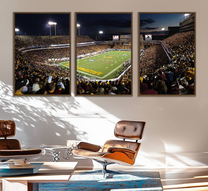 A room featuring an ASU Sun Devils Football Team Print, capturing fans at Phoenix Mountain America Stadium at dusk.