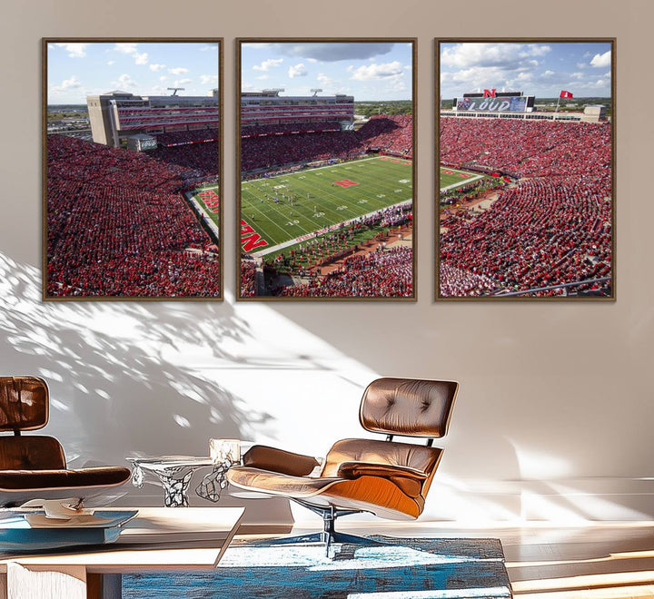 Wall art canvas print depicting a wide-angle view of Lincoln Memorial Stadium during a University of Nebraska game.