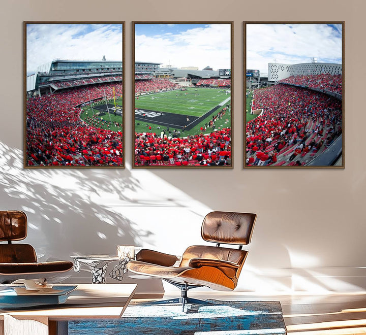 The wall showcases a Nippert Stadium canvas print of the Cincinnati Bearcats.