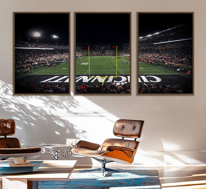 Interior view featuring a Cincinnati Bearcats football canvas of Nippert Stadium.