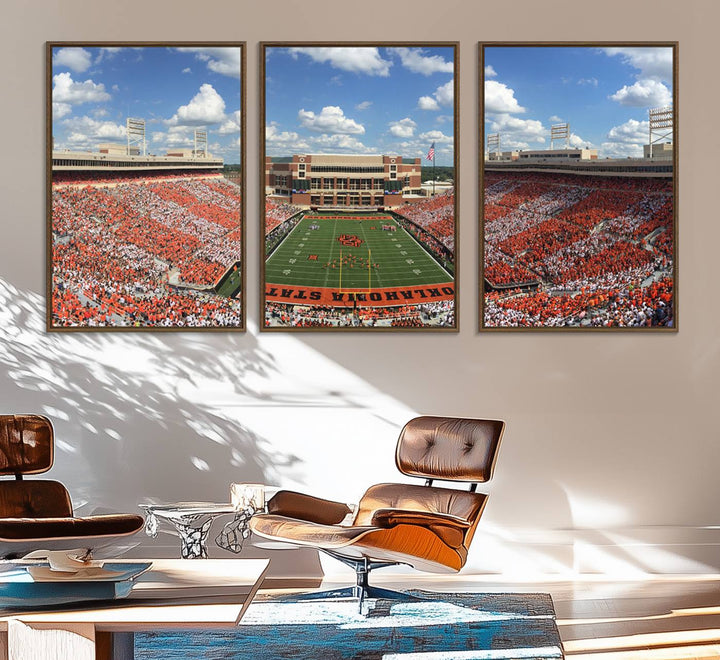 Boone Pickens Stadium was adorned with vibrant murals of Cowboys under a bright blue, cloud-speckled sky.