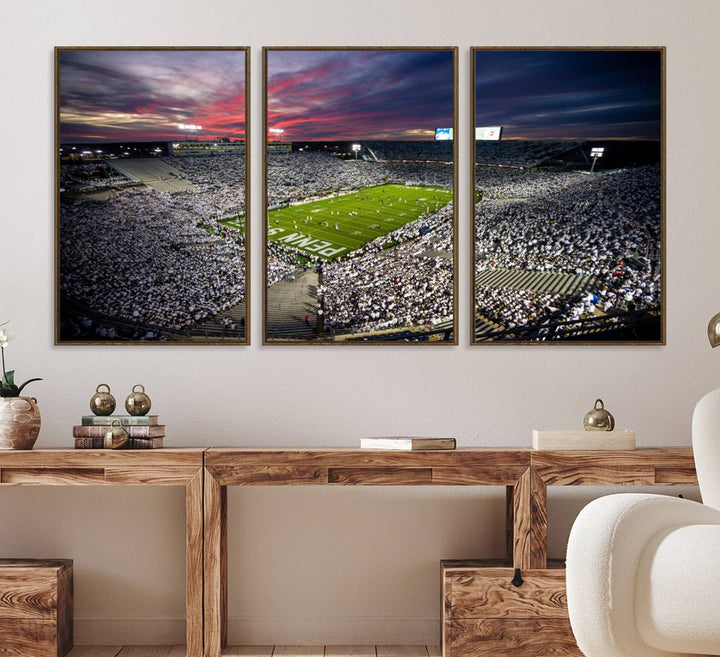 A sunset print on a canvas wall art piece captures the scene of white-clad fans at Beaver Stadium for the Nittany Lions game.