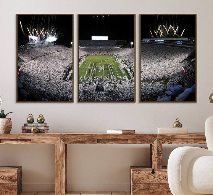 Wide-angle print of a packed stadium with fireworks, ideal gallery-quality wall art - Penn State Nittany Lions Canvas.