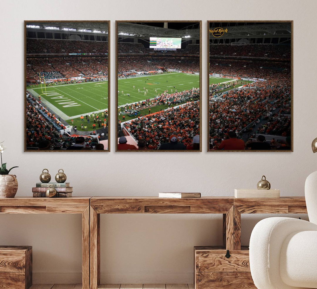 Aerial view of a Miami Hurricanes game at Hard Rock Stadium captured on canvas print, showcasing the teams on the field and fans in the stands.