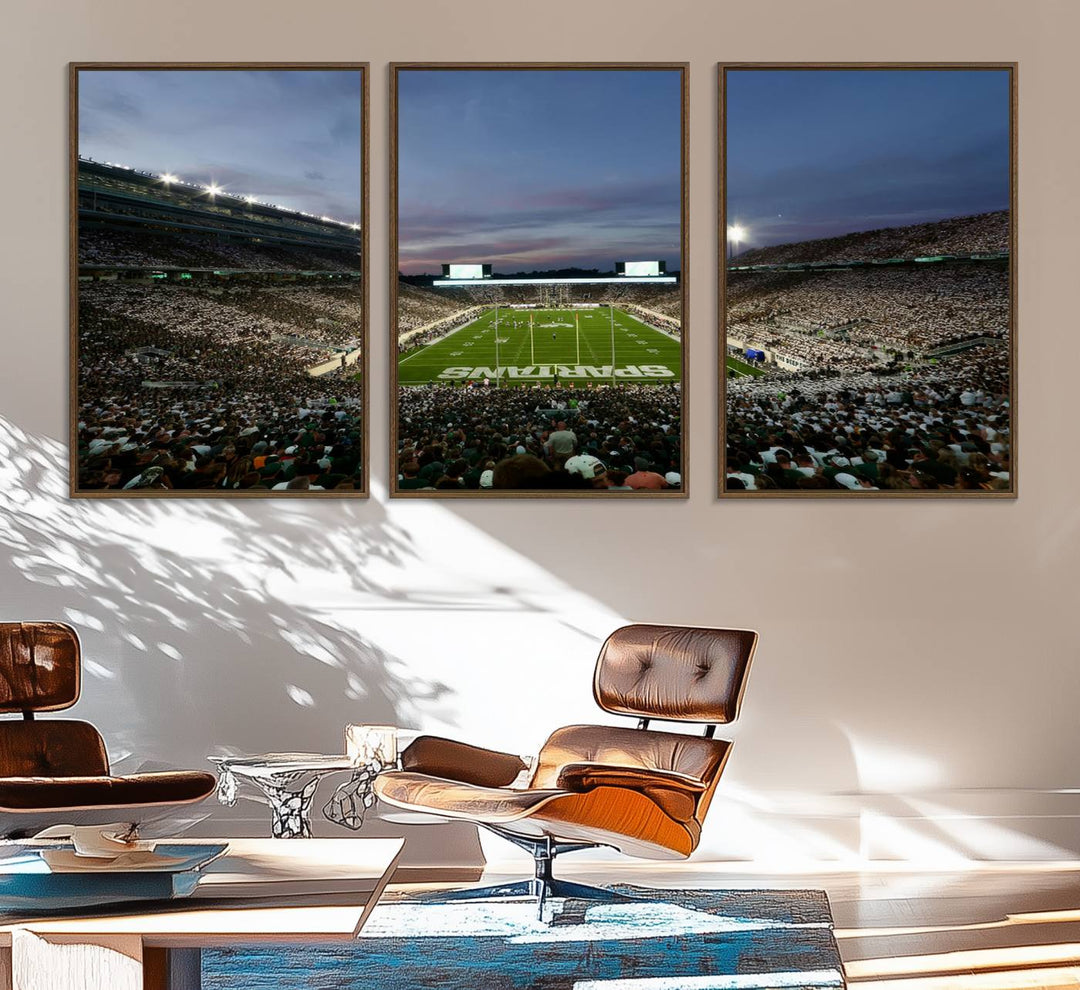 Wall art featuring a stadium at dusk with full stands—ideal for the Michigan State Spartans Football Team Canvas Print.