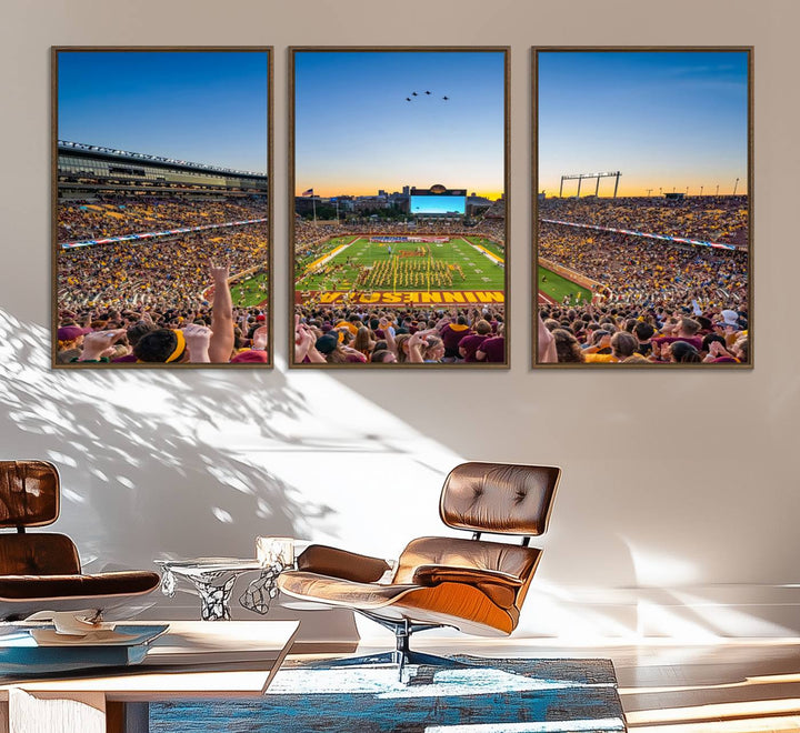 Canvas wall art featuring the University of Minnesota Football Team print, showcasing Huntington Bank Stadium at sunset with jets overhead.