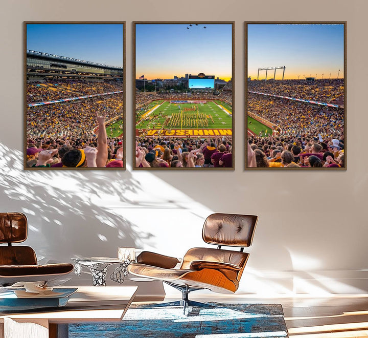 The University of Minnesota Golden Gophers Football Team Print, capturing a sunset scene, is ideal for gallery-quality wall art.