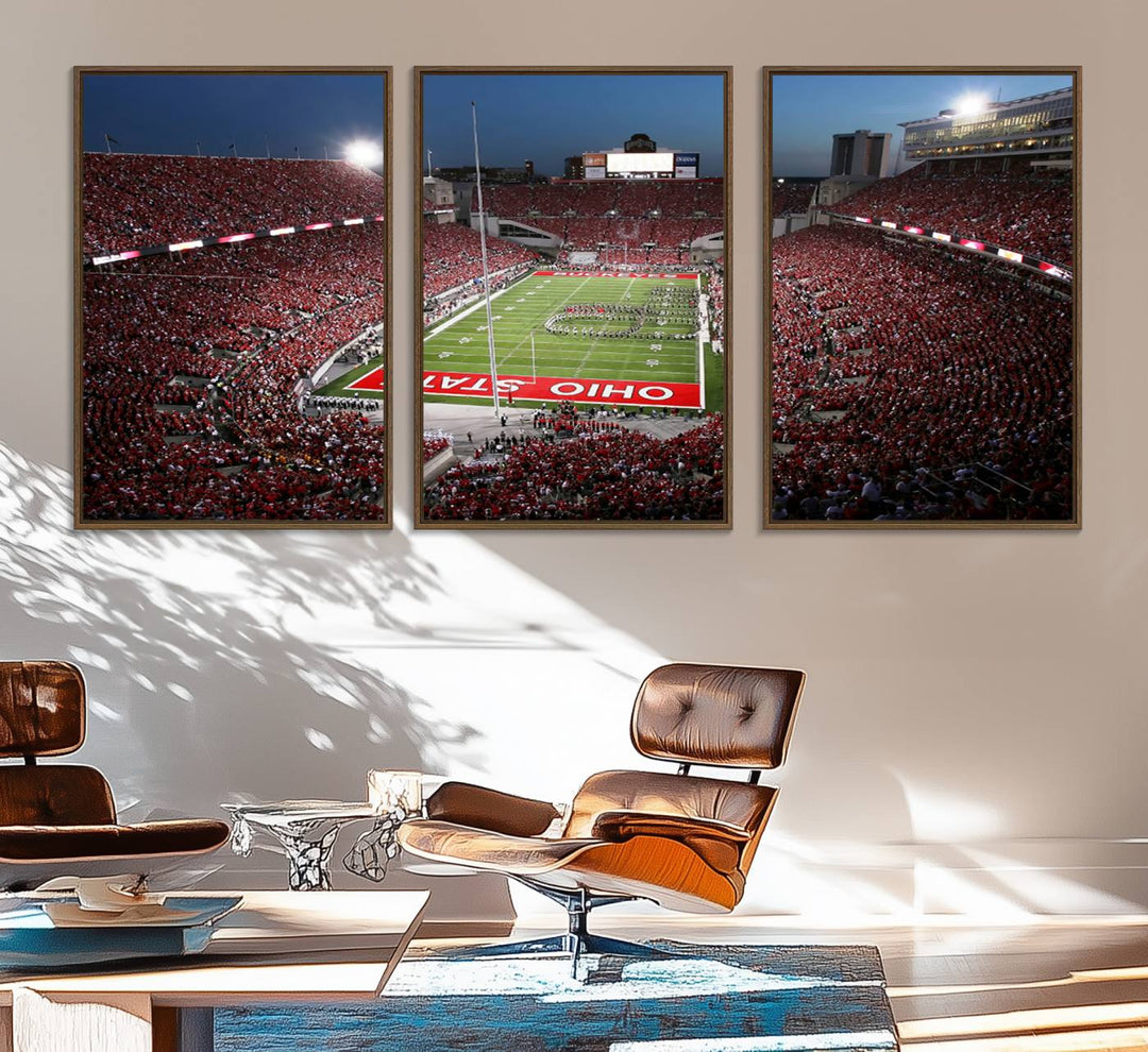 Premium gallery-quality canvas wall art featuring an aerial view of a packed Ohio State stadium at dusk, highlighting the Buckeyes.