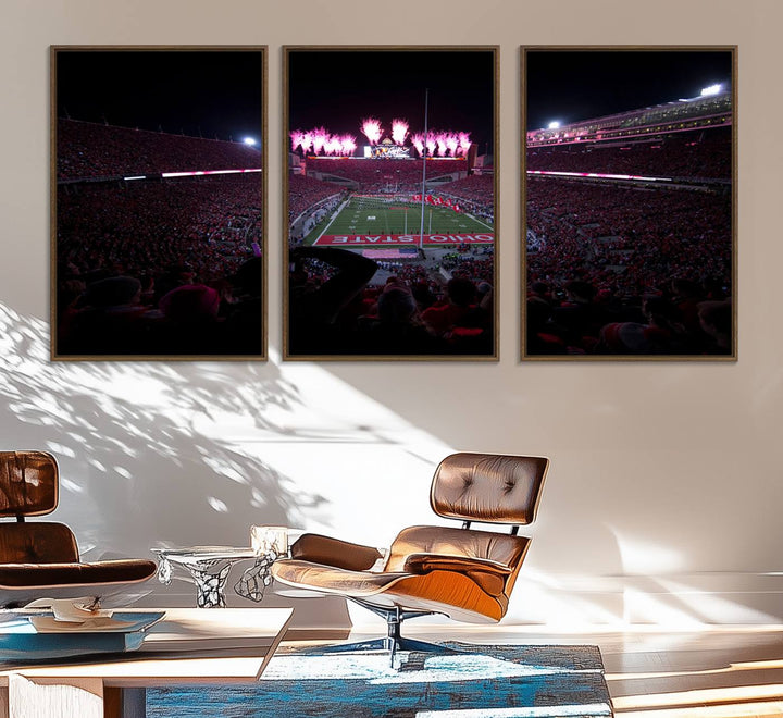 Premium canvas wall art featuring Ohio State University Buckeyes football stadium and fireworks.