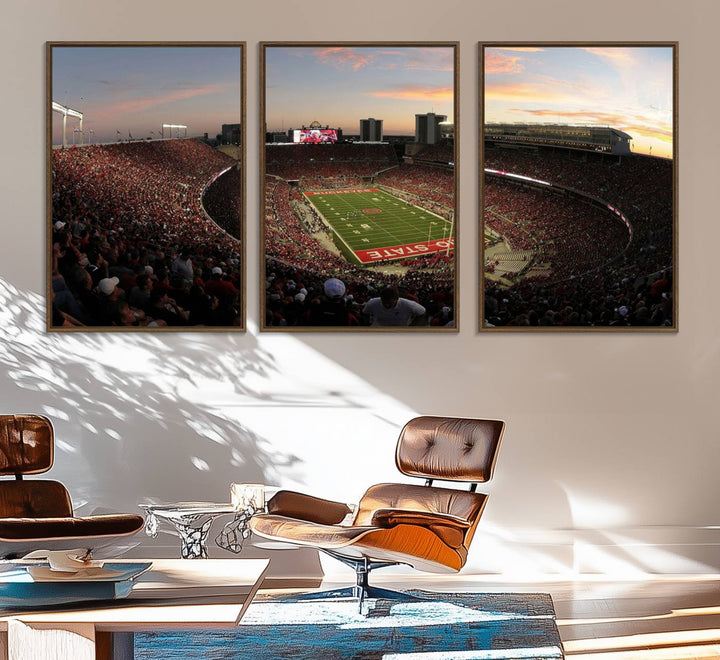 The canvas wall art captures a stunning stadium view of a sunset over Ohio State University Buckeyes football fans.