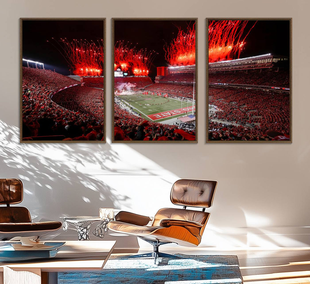 A vibrant red canvas art of a packed Ohio State Buckeyes stadium at night with fireworks.