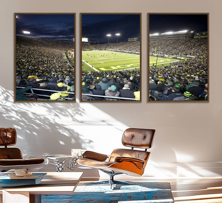 Under bright lights, a University of Oregon Ducks Canvas Print captures the excitement of fans packing Autzen Stadium for a night football game.