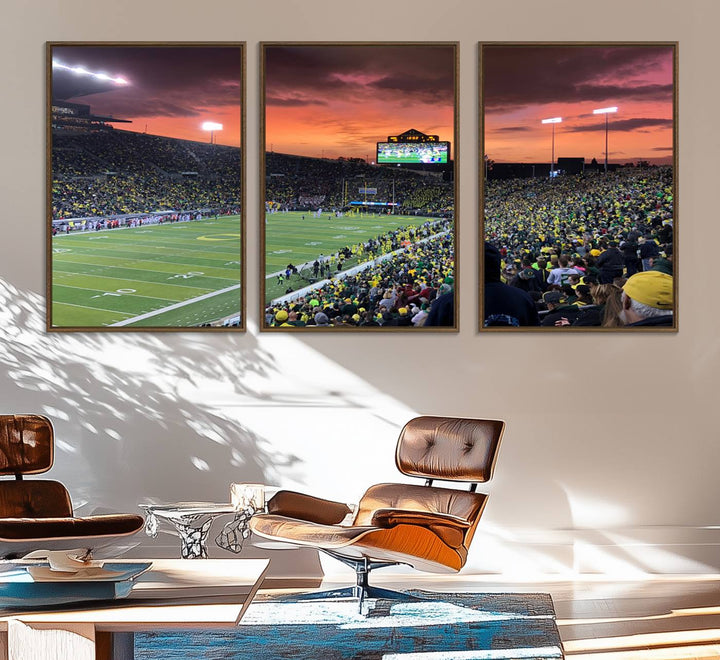 This stunning wall art print captures a vibrant sunset at Eugene Autzen Stadium.