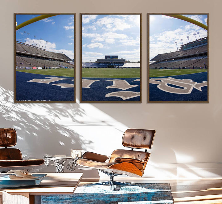 Fish-eye view of an empty stadium, ideal wall art on premium canvas: Rice University Owls Football Team Print.