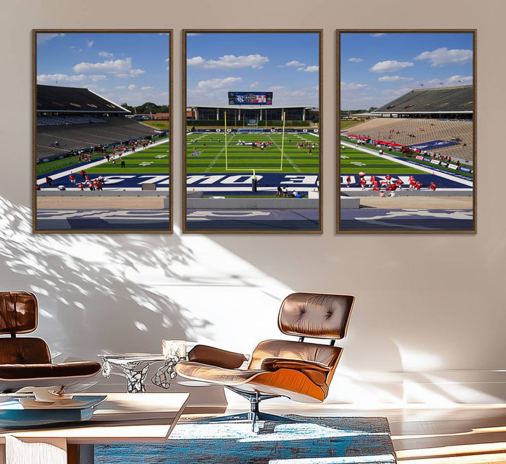 Rice Stadium print: This artwork features a football field with empty stands and a gallery-quality finish under a clear blue sky.