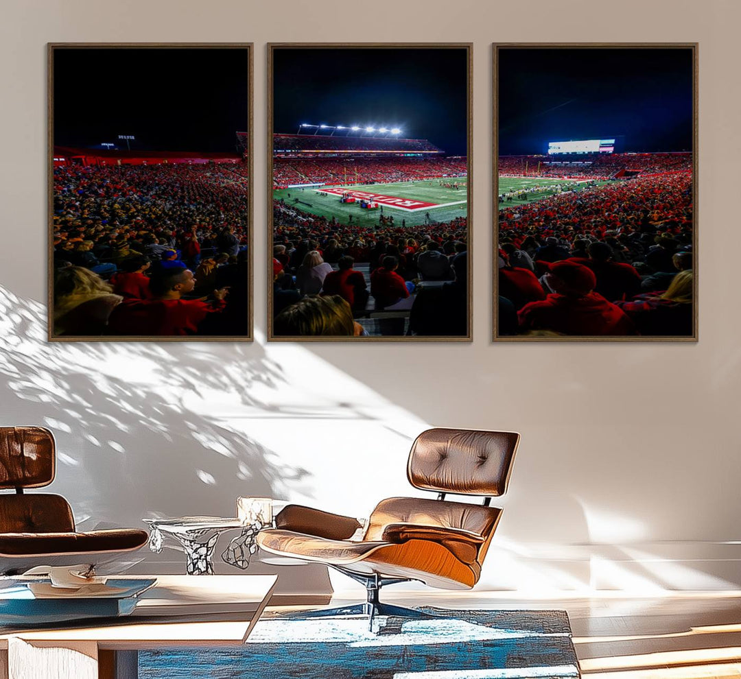 A premium canvas wall art print depicting Rutgers Scarlet Knights SHI Stadium filled with fans under vibrant lights.