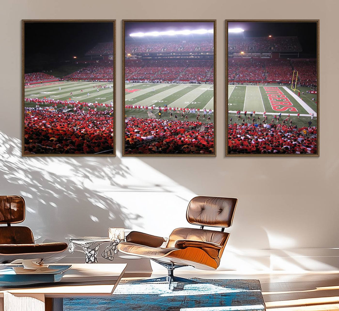 A bustling night game at SHI Stadium is captured as Rutgers Scarlet Knights wall art on a gallery-quality canvas print.